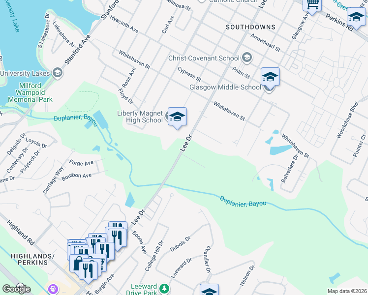 map of restaurants, bars, coffee shops, grocery stores, and more near Lee Drive in Baton Rouge