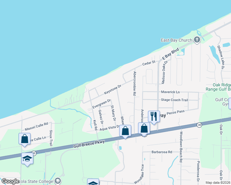 map of restaurants, bars, coffee shops, grocery stores, and more near 5085 Keystone Drive in Gulf Breeze