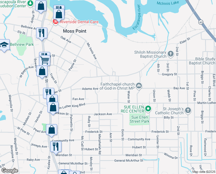 map of restaurants, bars, coffee shops, grocery stores, and more near 4412 Julia Street in Moss Point