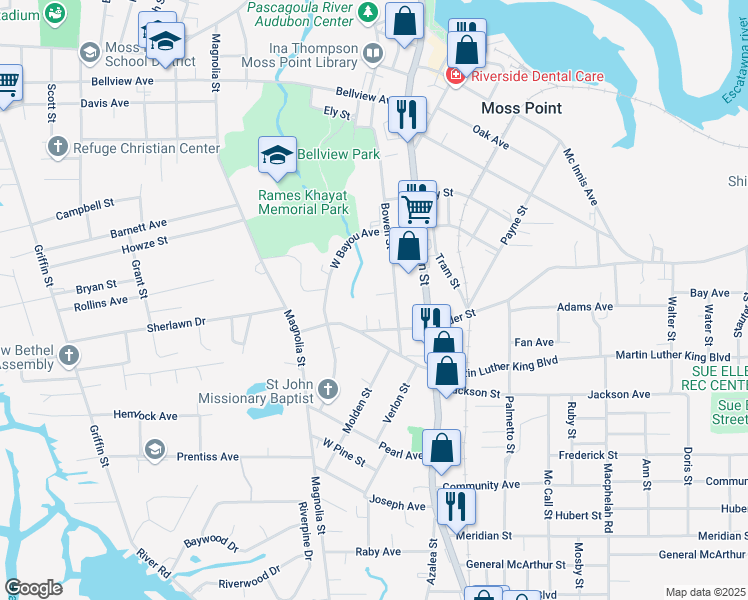 map of restaurants, bars, coffee shops, grocery stores, and more near 4401 Bowen Street in Moss Point