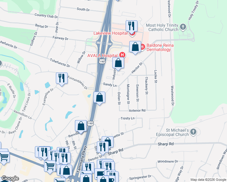 map of restaurants, bars, coffee shops, grocery stores, and more near 2681 North Causeway Boulevard in Mandeville