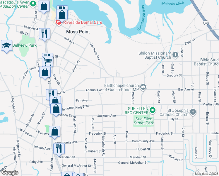 map of restaurants, bars, coffee shops, grocery stores, and more near 4412 Julia Street in Moss Point