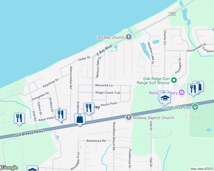 map of restaurants, bars, coffee shops, grocery stores, and more near 1898 Lubbock Road in Gulf Breeze