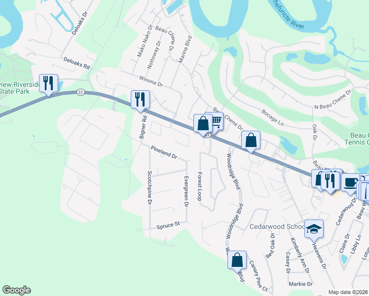 map of restaurants, bars, coffee shops, grocery stores, and more near 311 Bon Temps Roule in Mandeville