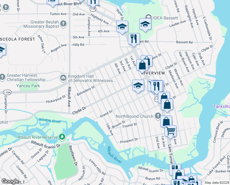 map of restaurants, bars, coffee shops, grocery stores, and more near 9129 7th Avenue in Jacksonville