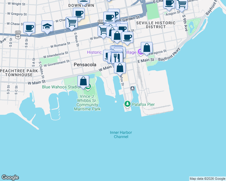 map of restaurants, bars, coffee shops, grocery stores, and more near 710 North Baylen Street in Pensacola
