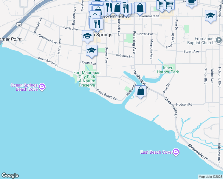 map of restaurants, bars, coffee shops, grocery stores, and more near 527 Front Beach Drive in Ocean Springs
