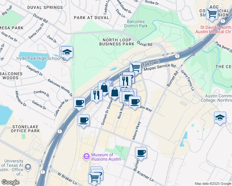 map of restaurants, bars, coffee shops, grocery stores, and more near 11721 Domain Drive in Austin
