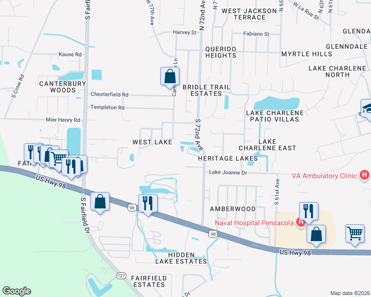 map of restaurants, bars, coffee shops, grocery stores, and more near 7213 Willowside Circle in Pensacola