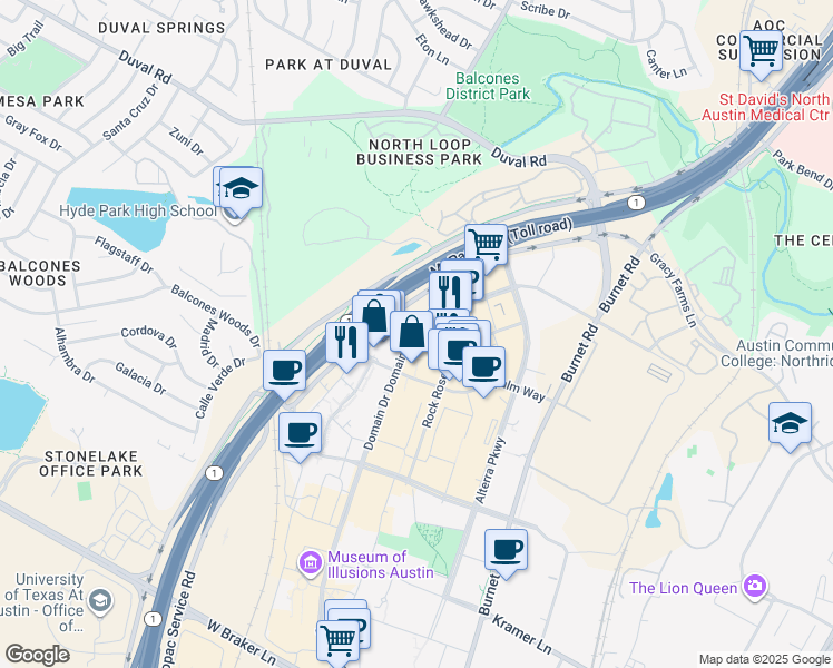 map of restaurants, bars, coffee shops, grocery stores, and more near 11809 Domain Drive in Austin