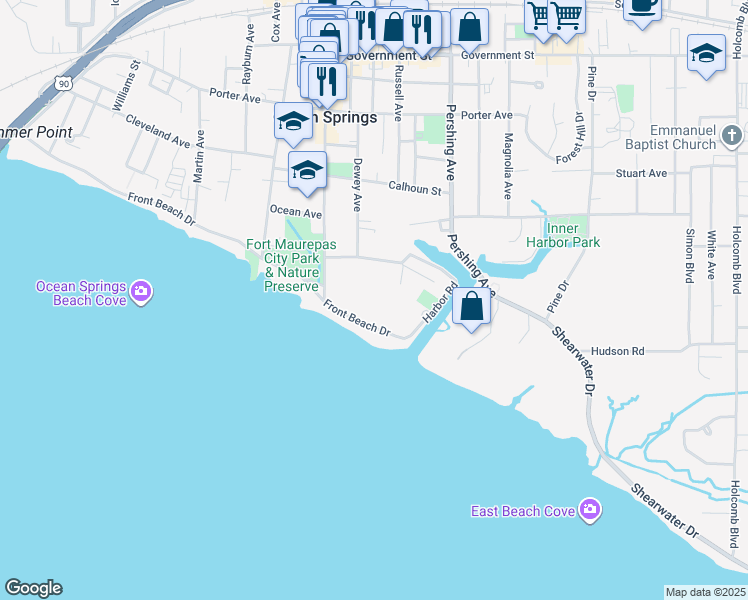 map of restaurants, bars, coffee shops, grocery stores, and more near 527 Front Beach Drive in Ocean Springs