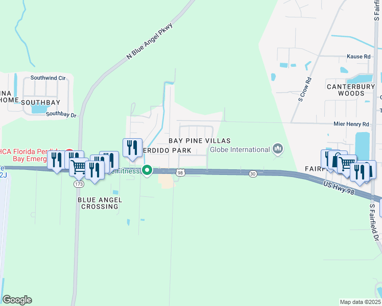 map of restaurants, bars, coffee shops, grocery stores, and more near 508 Ashwood Lane in Pensacola