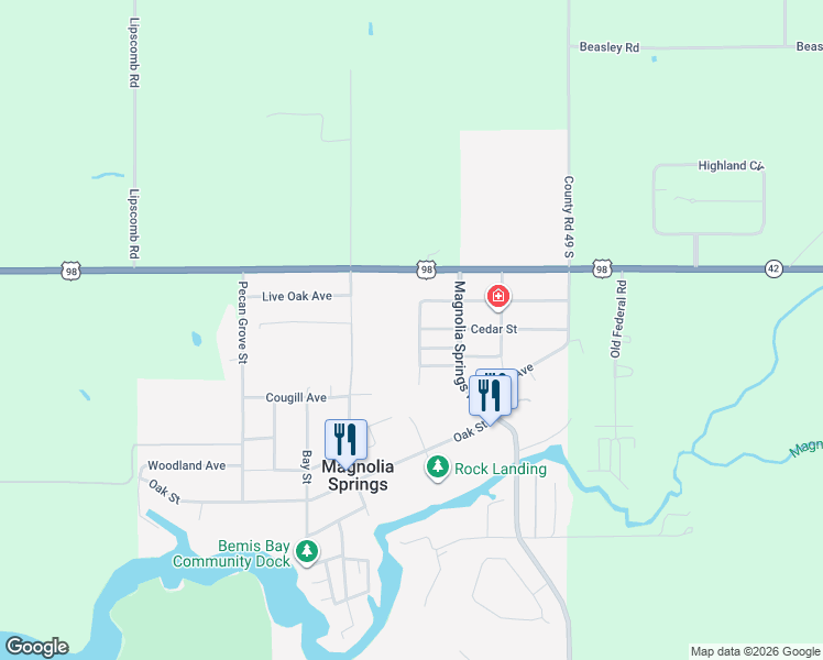 map of restaurants, bars, coffee shops, grocery stores, and more near 12353 Holly Street in Magnolia Springs