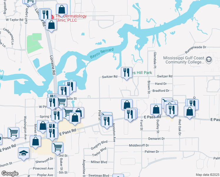 map of restaurants, bars, coffee shops, grocery stores, and more near 1340 Foxwood Place in Gulfport