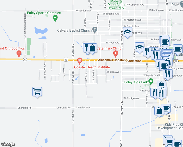 map of restaurants, bars, coffee shops, grocery stores, and more near 200 South Beech Street in Foley