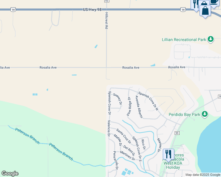 map of restaurants, bars, coffee shops, grocery stores, and more near 3227 Spanish Cove Drive in Lillian