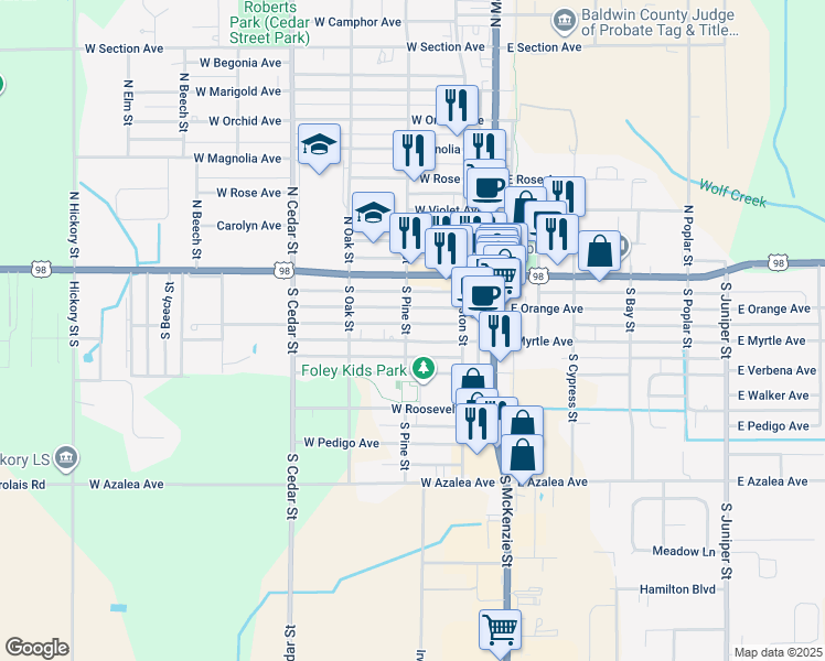 map of restaurants, bars, coffee shops, grocery stores, and more near 223 West Orange Avenue in Foley
