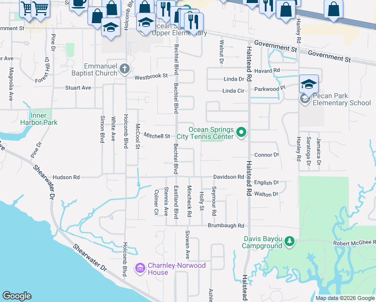 map of restaurants, bars, coffee shops, grocery stores, and more near 408-422 Woody Circle in Ocean Springs