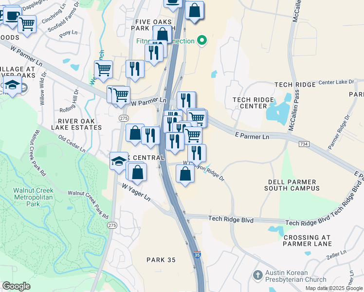 map of restaurants, bars, coffee shops, grocery stores, and more near 12441 Interstate 35 Frontage Road in Austin