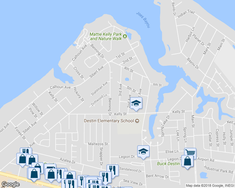 map of restaurants, bars, coffee shops, grocery stores, and more near 521 3rd Avenue in Destin