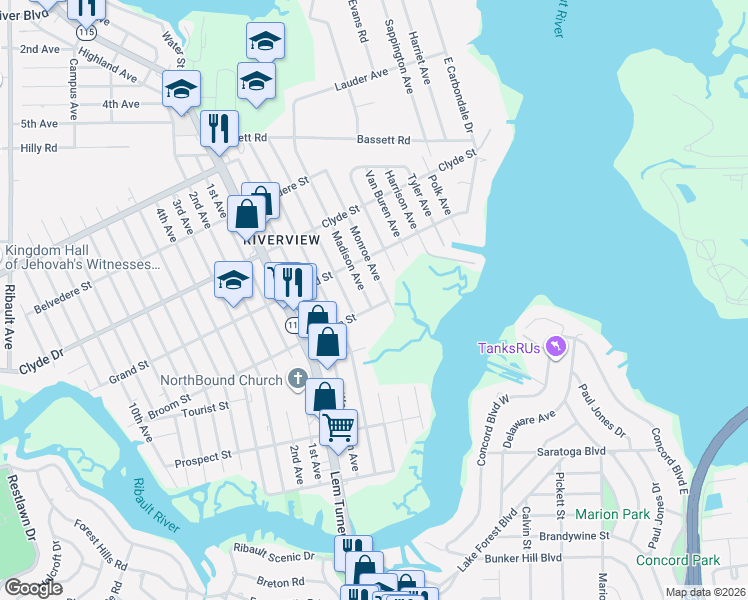 map of restaurants, bars, coffee shops, grocery stores, and more near 8925 Monroe Avenue in Jacksonville