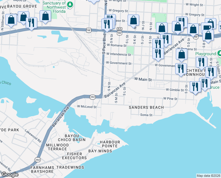 map of restaurants, bars, coffee shops, grocery stores, and more near 2208 West Gimble Street in Pensacola