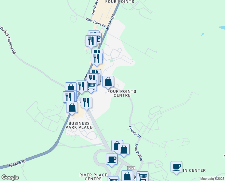 map of restaurants, bars, coffee shops, grocery stores, and more near 11305 4 Points Drive in Austin