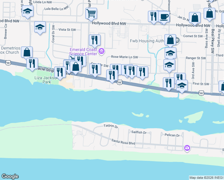 map of restaurants, bars, coffee shops, grocery stores, and more near 218 Florida 30 in Fort Walton Beach