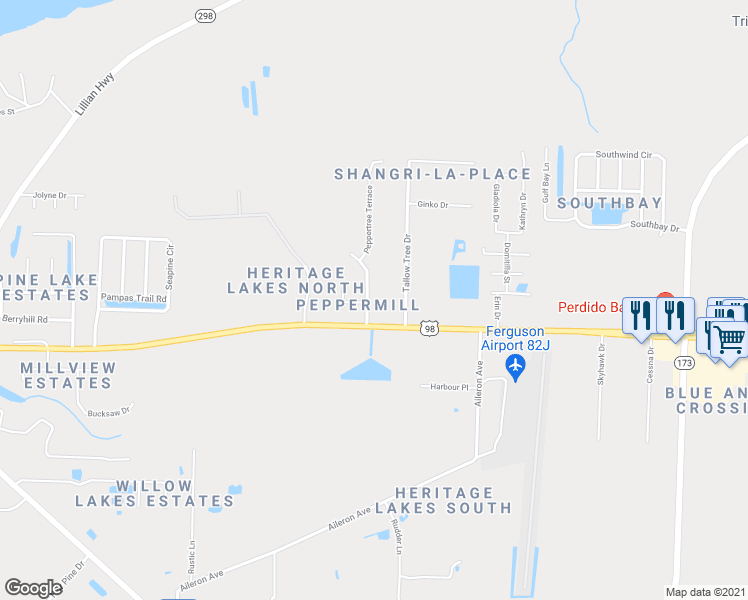 map of restaurants, bars, coffee shops, grocery stores, and more near 586 Peppertree Lane in Pensacola