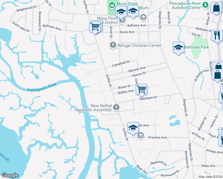 map of restaurants, bars, coffee shops, grocery stores, and more near 3401-3599 Bryan St in Moss Point