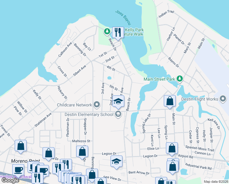 map of restaurants, bars, coffee shops, grocery stores, and more near 601 1st Avenue in Destin