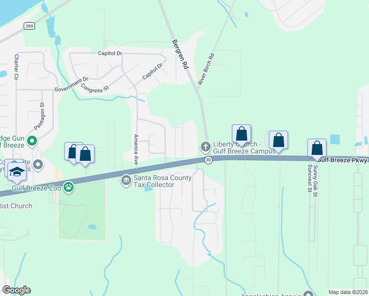 map of restaurants, bars, coffee shops, grocery stores, and more near 1910 Ambassador Drive in Gulf Breeze