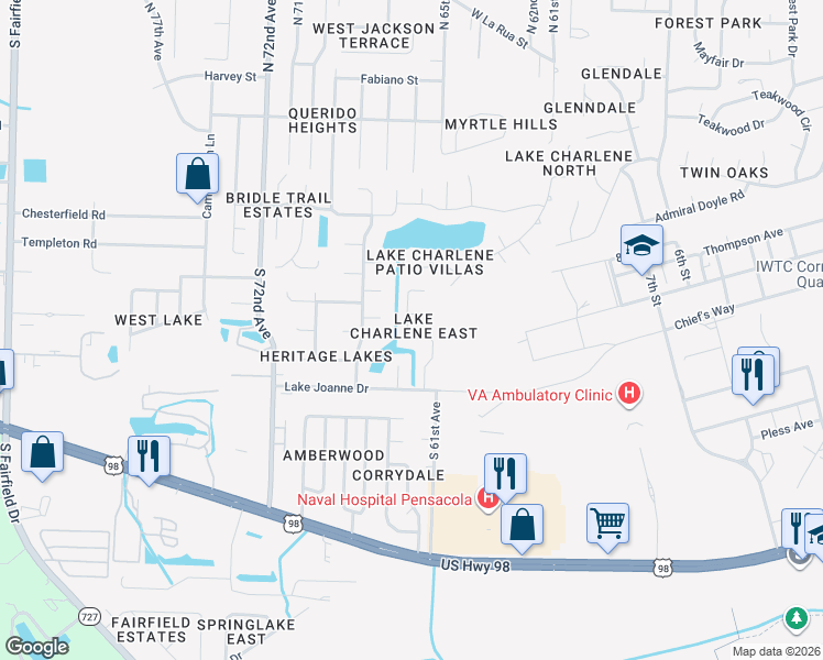 map of restaurants, bars, coffee shops, grocery stores, and more near 59 Narrow Lane Court in Pensacola