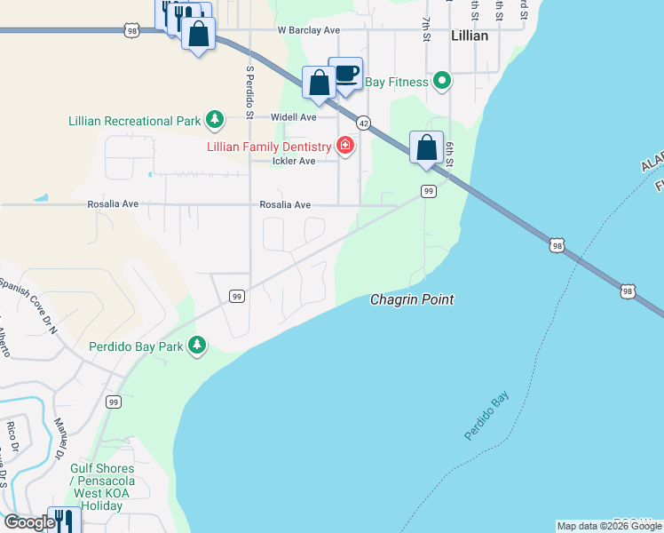 map of restaurants, bars, coffee shops, grocery stores, and more near 34300 Kathryn Drive in Baldwin