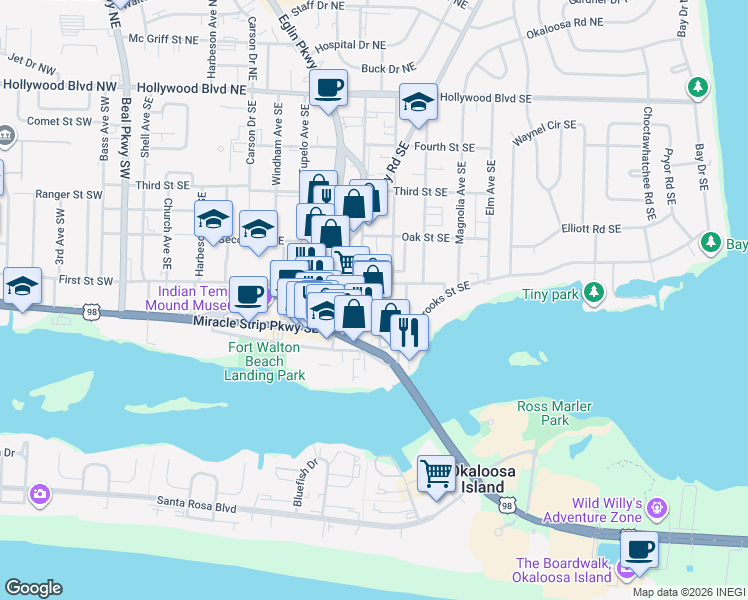 map of restaurants, bars, coffee shops, grocery stores, and more near 208 First Street Southeast in Fort Walton Beach