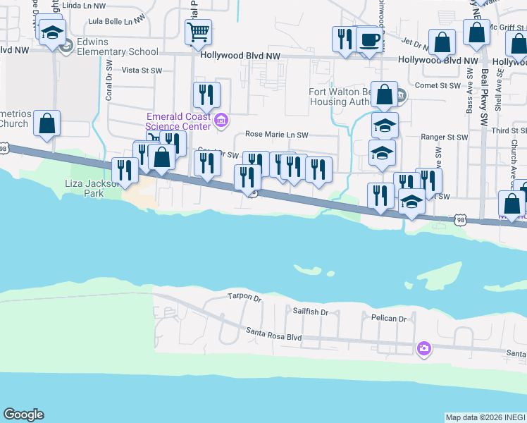 map of restaurants, bars, coffee shops, grocery stores, and more near 214 Miracle Strip Parkway Southwest in Fort Walton Beach