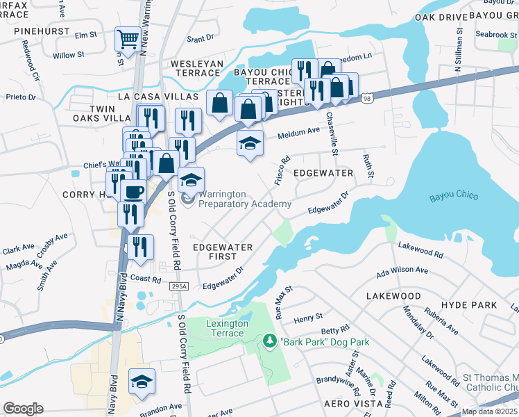 map of restaurants, bars, coffee shops, grocery stores, and more near 503 Frisco Road in Pensacola
