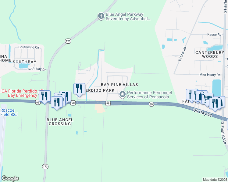 map of restaurants, bars, coffee shops, grocery stores, and more near 504 Ashwood Lane in Pensacola