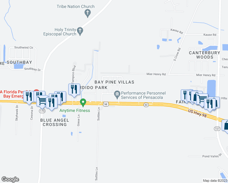 map of restaurants, bars, coffee shops, grocery stores, and more near 504 Wood Crest Way in Pensacola
