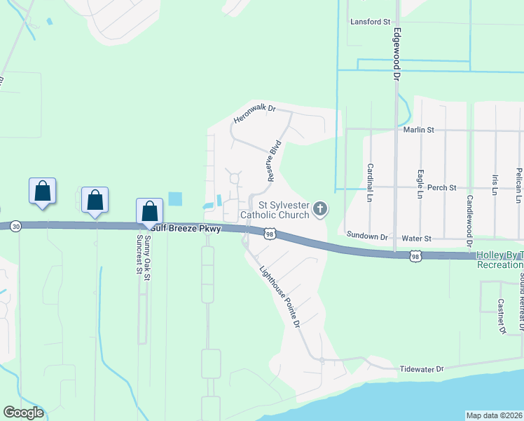 map of restaurants, bars, coffee shops, grocery stores, and more near 1900 Reserve Boulevard in Gulf Breeze