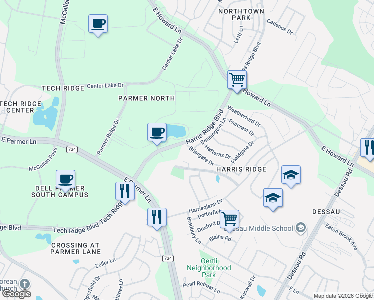 map of restaurants, bars, coffee shops, grocery stores, and more near 1001 Briargate Drive in Austin