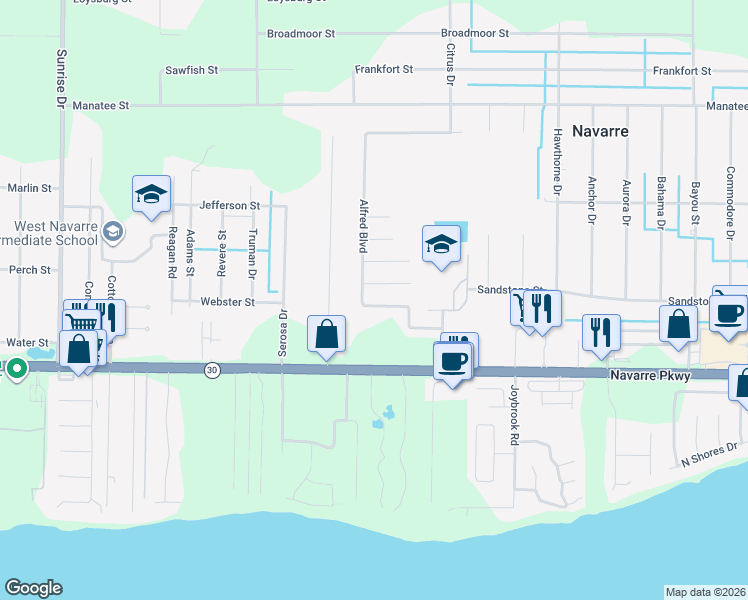 map of restaurants, bars, coffee shops, grocery stores, and more near 7211 Antoinette Circle in Navarre