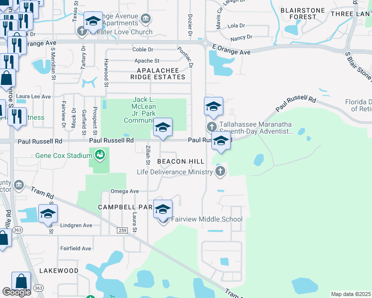map of restaurants, bars, coffee shops, grocery stores, and more near 1111 Paul Russell Road in Tallahassee