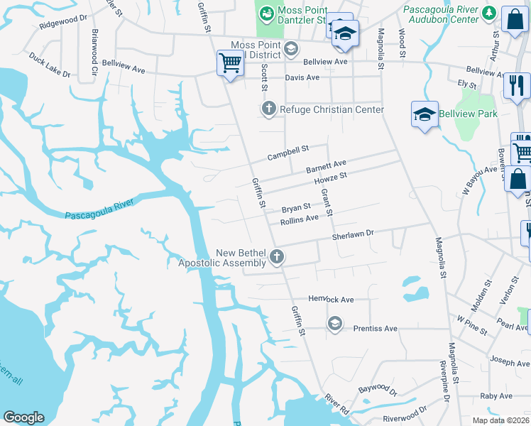 map of restaurants, bars, coffee shops, grocery stores, and more near 3401 Bryan Street in Moss Point