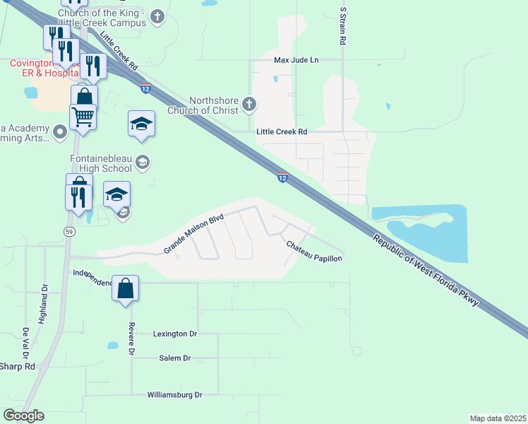 map of restaurants, bars, coffee shops, grocery stores, and more near 605 Chateau Andelot in Mandeville