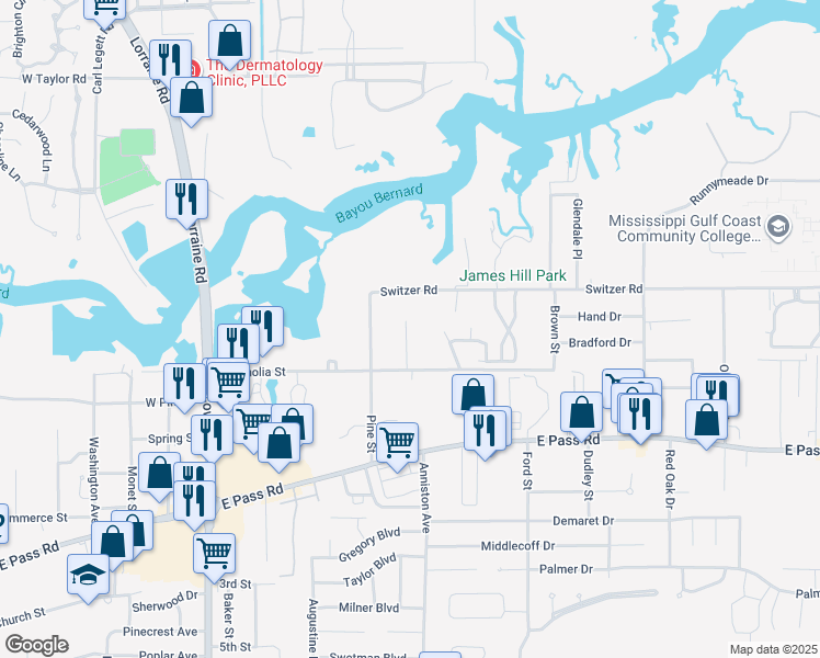 map of restaurants, bars, coffee shops, grocery stores, and more near 1340 Foxwood Place in Gulfport