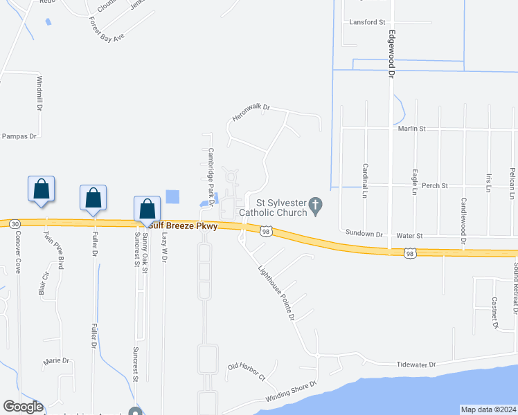 map of restaurants, bars, coffee shops, grocery stores, and more near 1900 Reserve Boulevard in Gulf Breeze