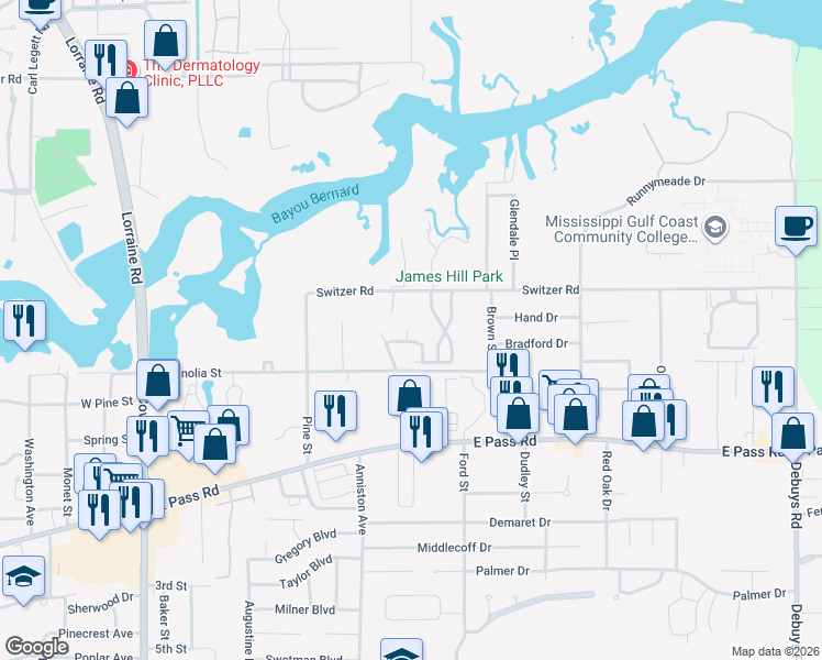 map of restaurants, bars, coffee shops, grocery stores, and more near 1901 Switzer Road in Gulfport