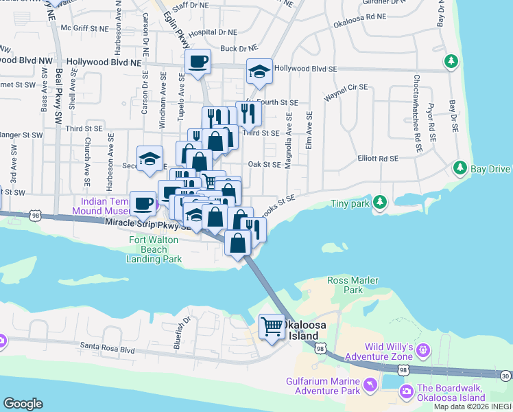 map of restaurants, bars, coffee shops, grocery stores, and more near 201 Alconese Avenue Southeast in Fort Walton Beach
