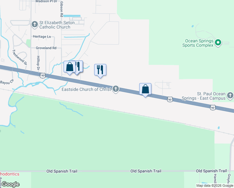 map of restaurants, bars, coffee shops, grocery stores, and more near 7701 Bienville Boulevard in Ocean Springs